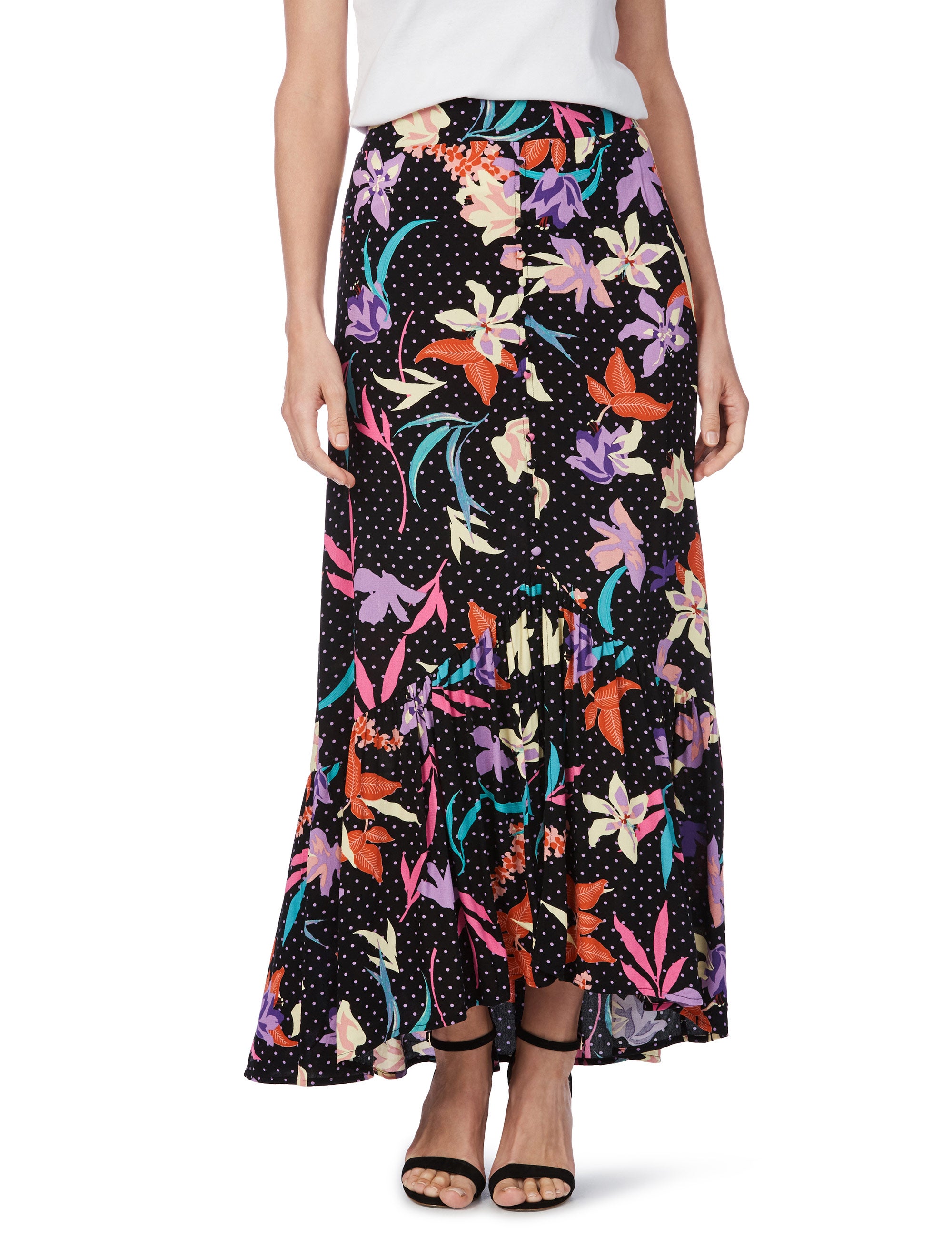 Rockmans Button Through Festive Maxi Skirt | EziBuy Australia