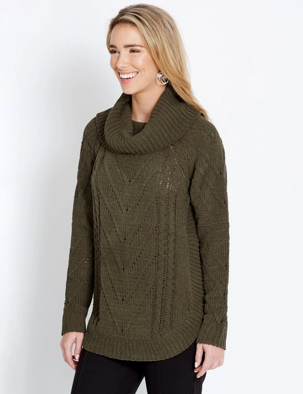 Table Eight Long Sleeve Cowl Chenille Cable Knit, hi-res image number null