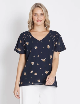 Table Eight Flutter Sleeve Floral Eyelet Top