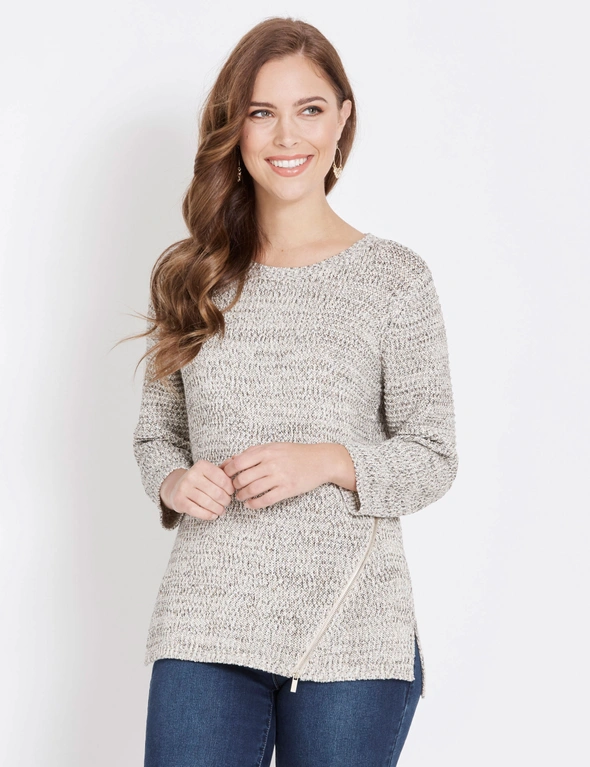 ROCKMANS 3/4 SLEEVE BOATNECK MULTI TWIST ZIPPED FRONT KNITWEAR TOP, hi-res image number null