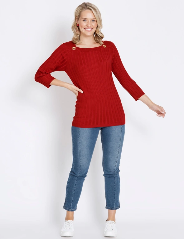 ROCKMANS 3/4 SLEEVE BOATNECK BUTTON KNITWEAR RIB TOP, hi-res image number null