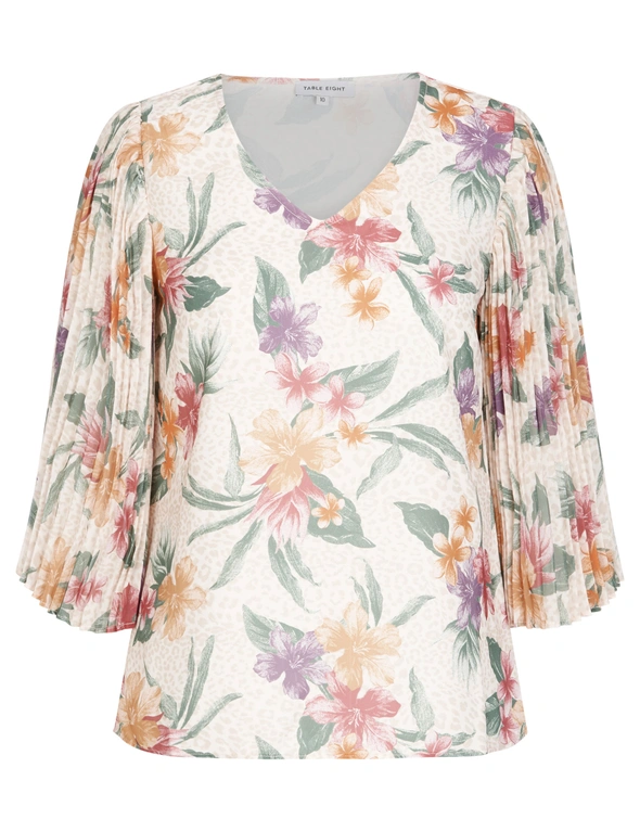 Table Eight 3/4 Pleated Sleeve Tropical Print Top, hi-res image number null