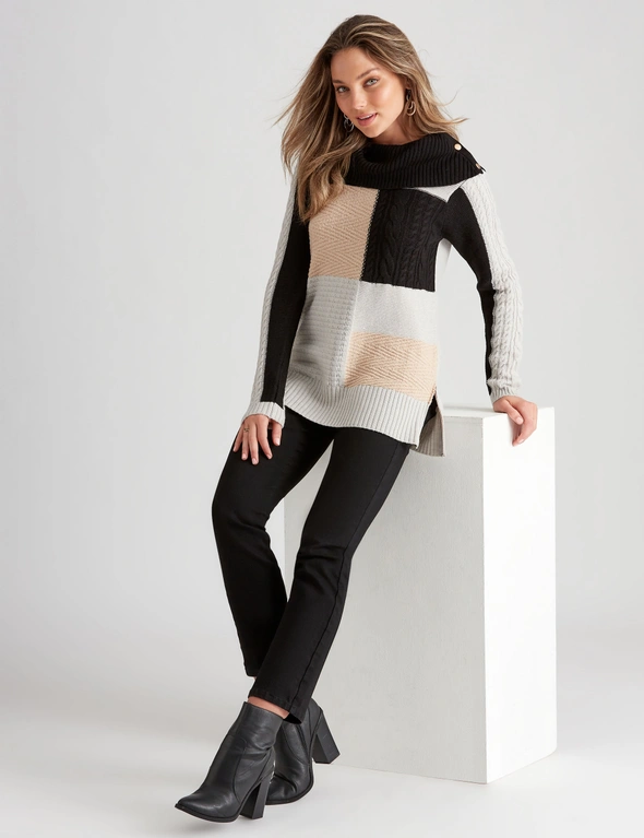 Rockmans 3/4 Sleeve Cable Colour Block Knitwear Top, hi-res image number null
