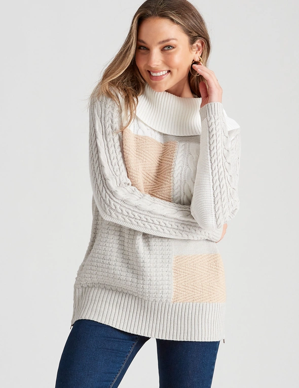 Rockmans 3/4 Sleeve Cable Colour Block Knitwear Top, hi-res image number null