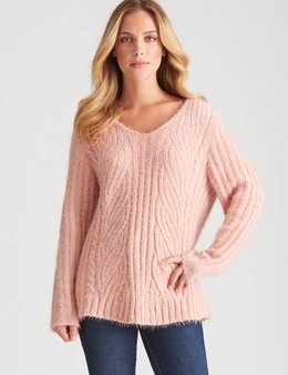 Rockmans Long Sleeve Fuzzy Cable Knitwear Top