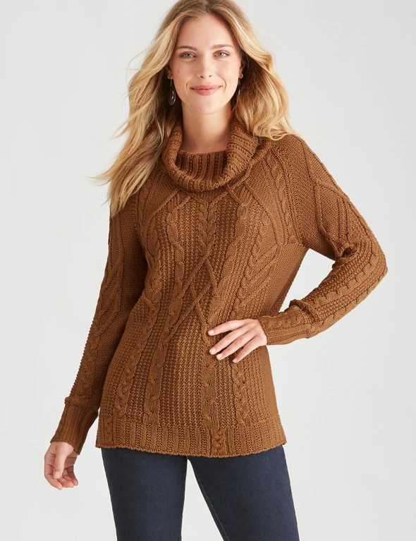 Rockmans Long Sleeve Cable Roll Neck Knitwear Top, hi-res image number null