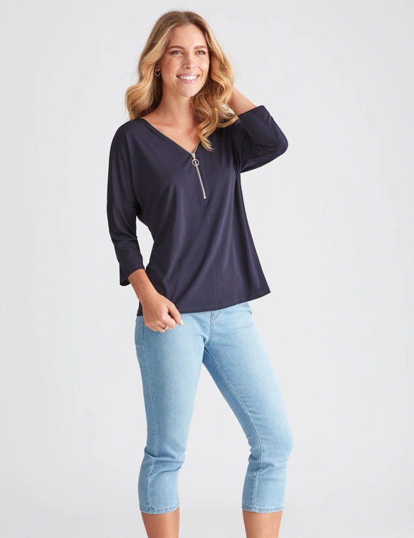 Rockmans 3/4 Sleeve Zipped Neck Top, hi-res image number null