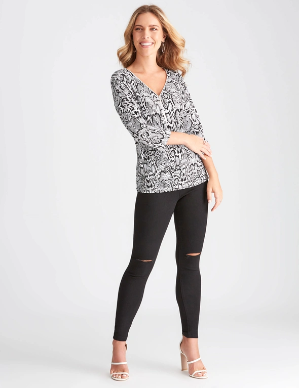Rockmans 3/4 Sleeve Zipped Neck Top, hi-res image number null