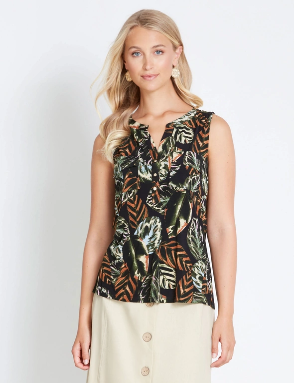Rockmans Sleeveless Shirt Style Black Palm Top, hi-res image number null