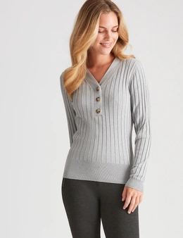 Rockmans Long Sleeve Button Front Basic Rib Knitwear Top