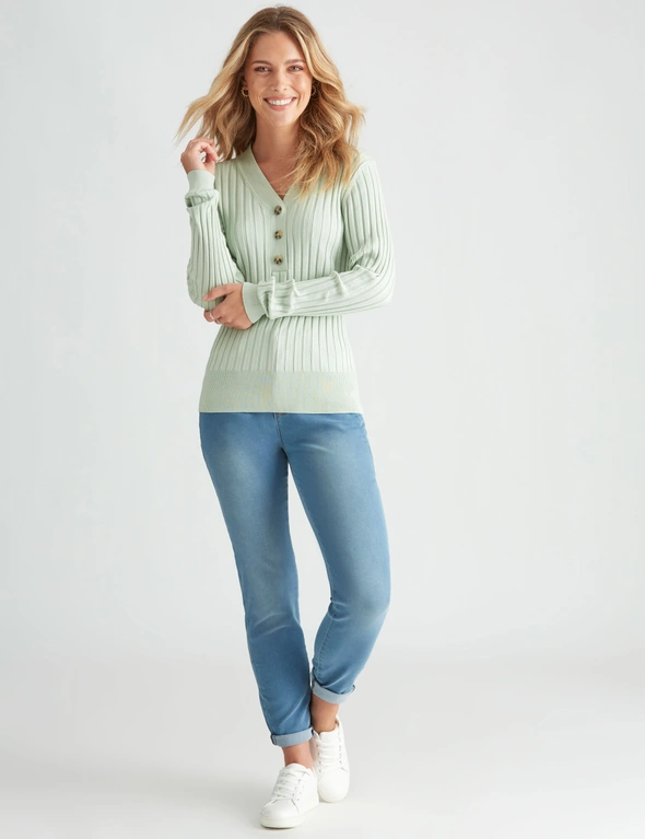 Rockmans Long Sleeve Button Front Basic Rib Knitwear Top, hi-res image number null