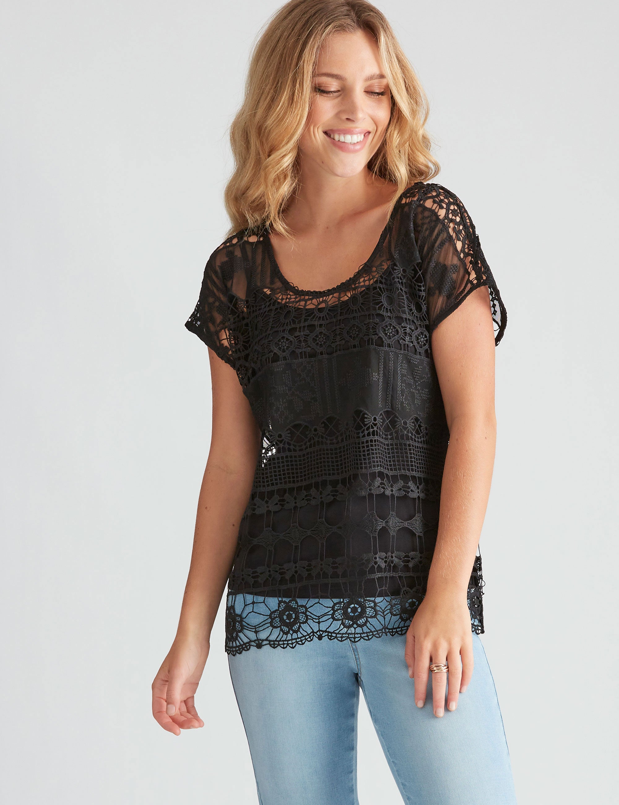 Rockmans Short Sleeve Crochet Top EziBuy Australia