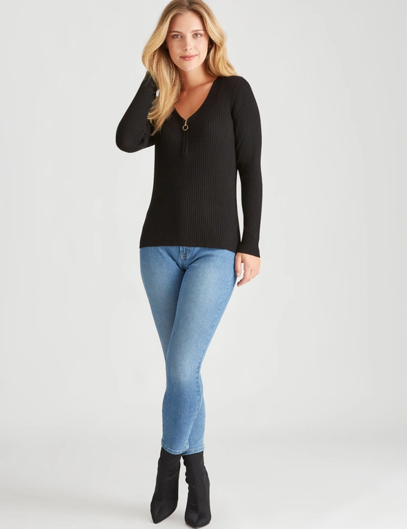 Rockmans Long Sleeve Zipped Neck Rib Knitwear Top, hi-res image number null