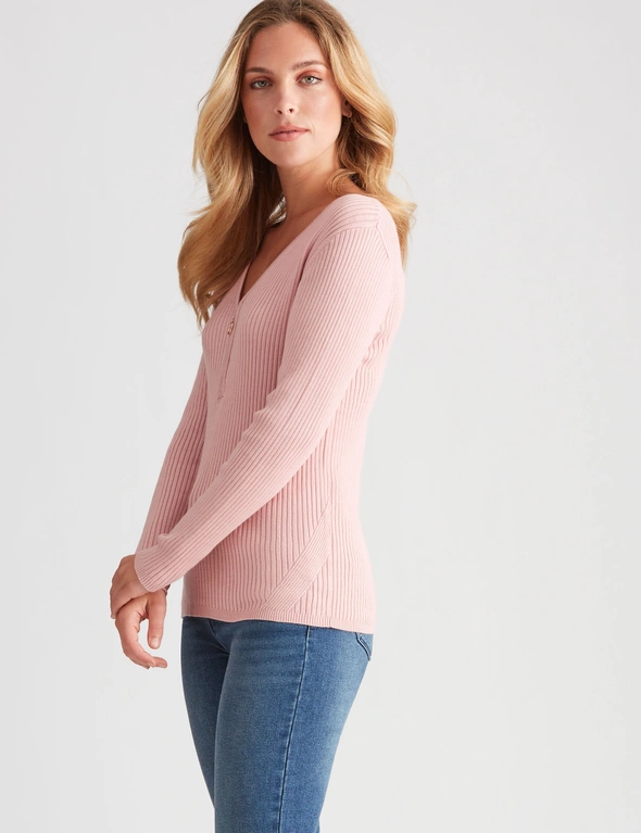 Rockmans Long Sleeve Zipped Neck Rib Knitwear Top, hi-res image number null