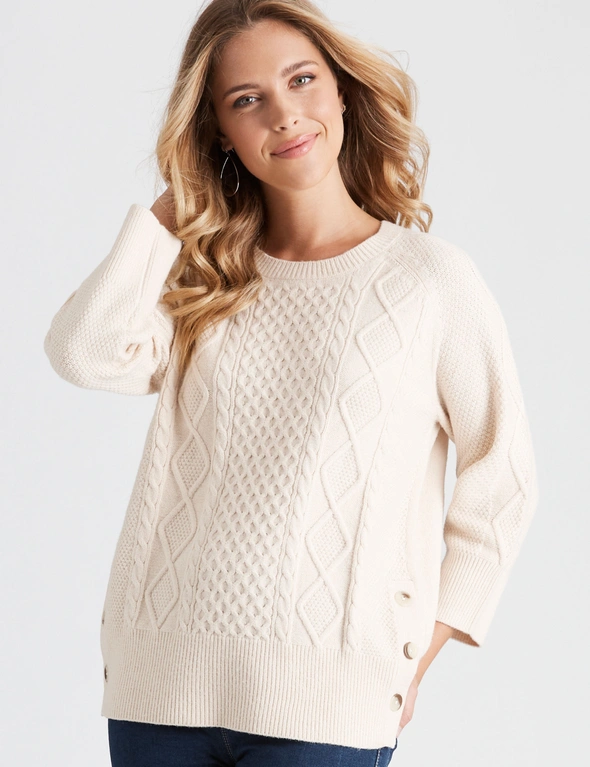 Rockmans 3/4 Sleeve Cable Stitch Button Knitwear Top, hi-res image number null