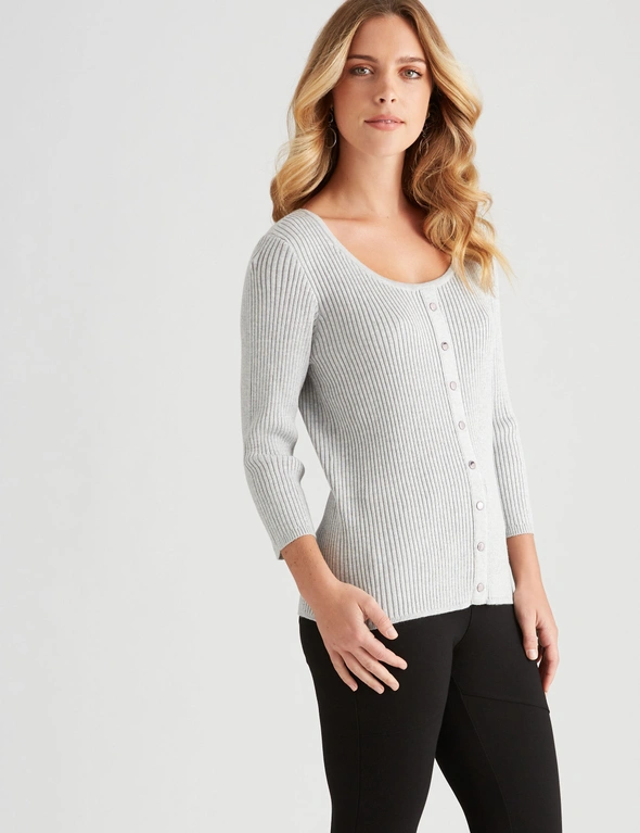 Rockmans 3/4 Sleeve Button Through Rib Knit, hi-res image number null