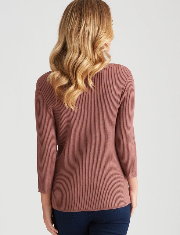 Rockmans 3/4 Sleeve Button Through Rib Knit, hi-res image number null