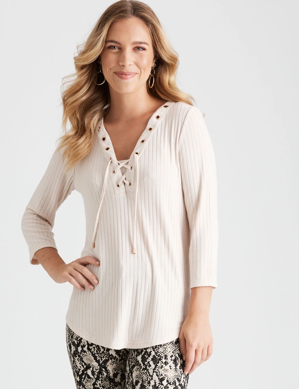 Rockmans 3/4 Sleeve Lace Up Rib Top, hi-res image number null