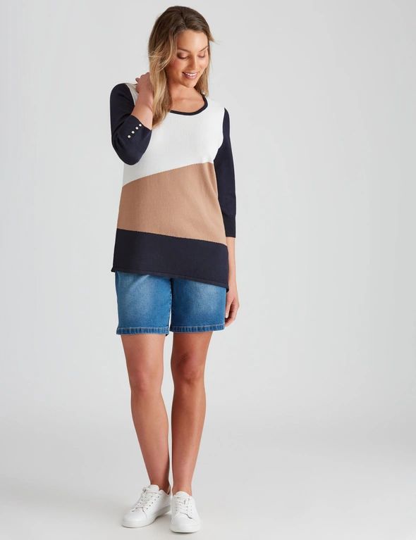 Rockmans 3/4 Sleeve Asymmetric Colour Block Knitwear Top, hi-res image number null