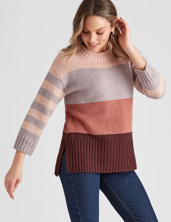 Rockmans 3/4 Sleeve Colour Block Knitwear Top, hi-res image number null