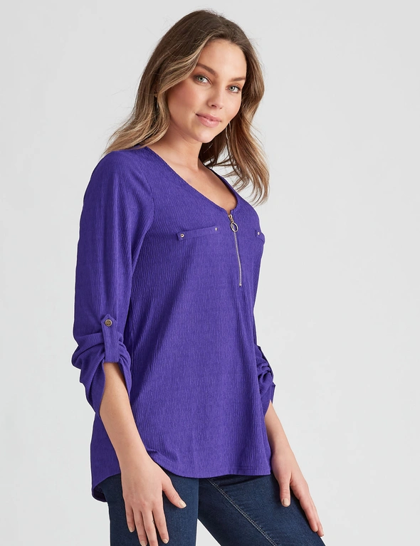 Rockmans 3/4 Sleeve Textured Zipped Neck Top, hi-res image number null