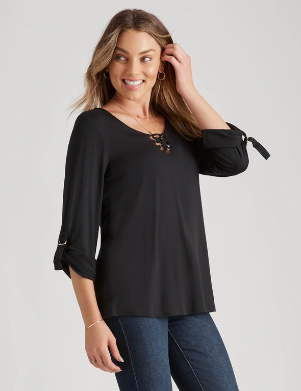 Rockmans 3/4 Length Sleeve Lace Up Shirt Style Top, hi-res image number null