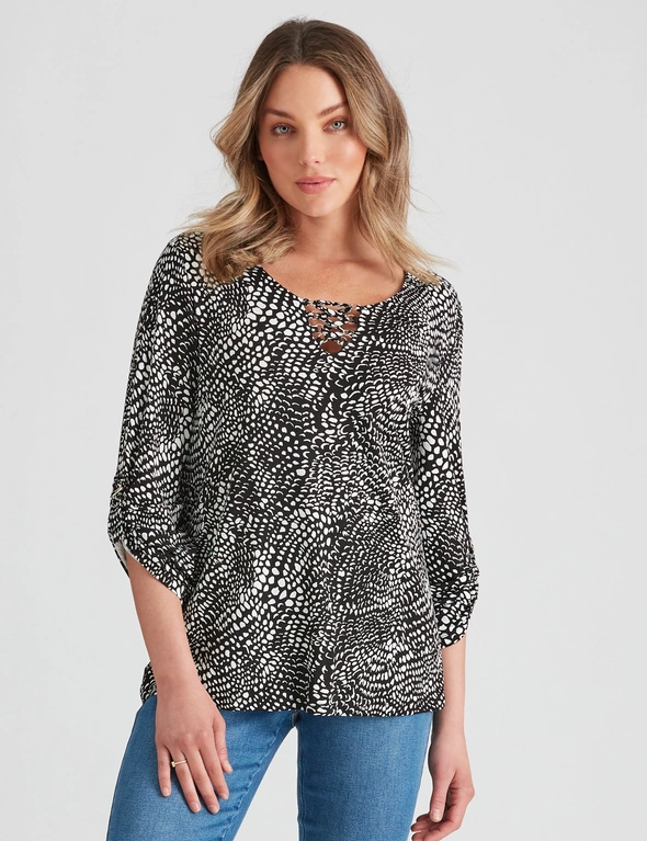 Rockmans 3/4 Length Sleeve Lace Up Shirt Style Top, hi-res image number null