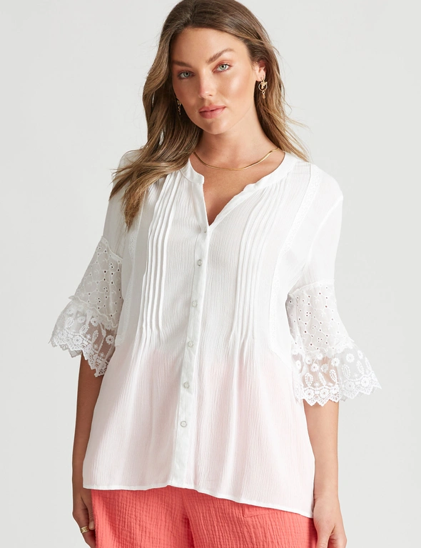 Rockmans Elbow Sleeve Woven Ruffle Top, hi-res image number null