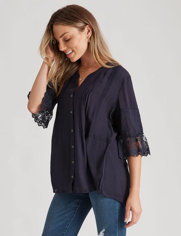 Rockmans Elbow Sleeve Woven Ruffle Top, hi-res image number null