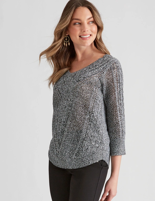 Rockmans 3/4 Sleeve Mix Stitch Knitwear Top, hi-res image number null