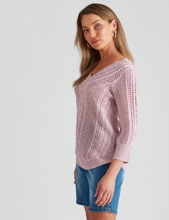 Rockmans 3/4 Sleeve Mix Stitch Knitwear Top, hi-res image number null