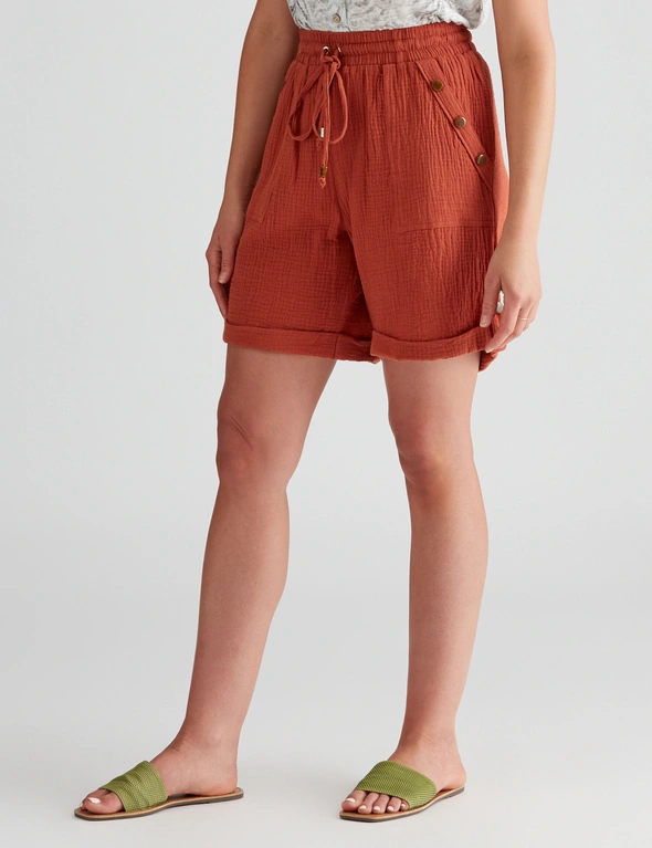 Rockmans Mid Thigh Woven Cotton Button Shorts, hi-res image number null