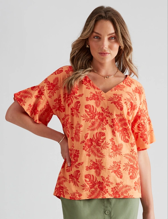 Rockmans Short Sleeve Linen Frill Sleeve Top, hi-res image number null
