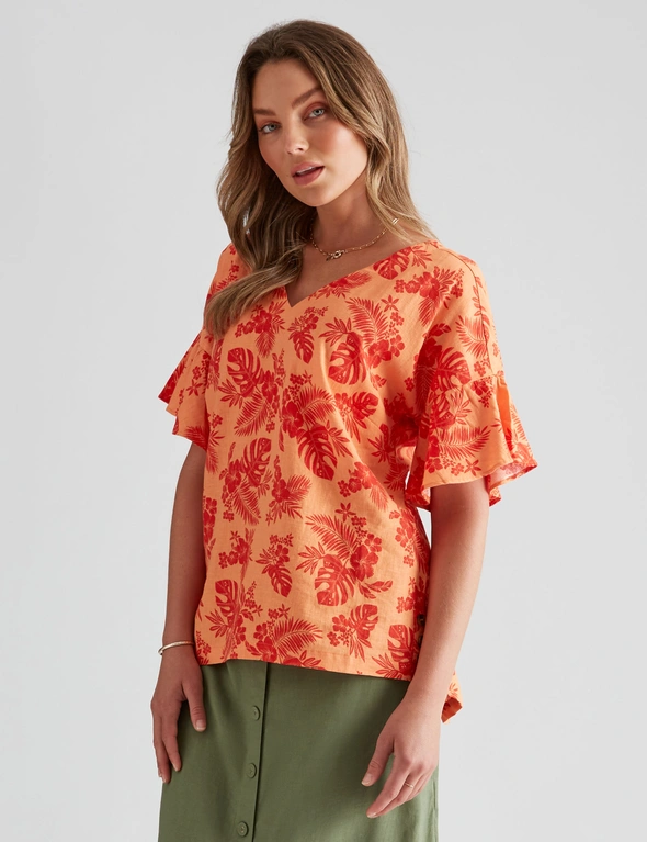 Rockmans Short Sleeve Linen Frill Sleeve Top, hi-res image number null