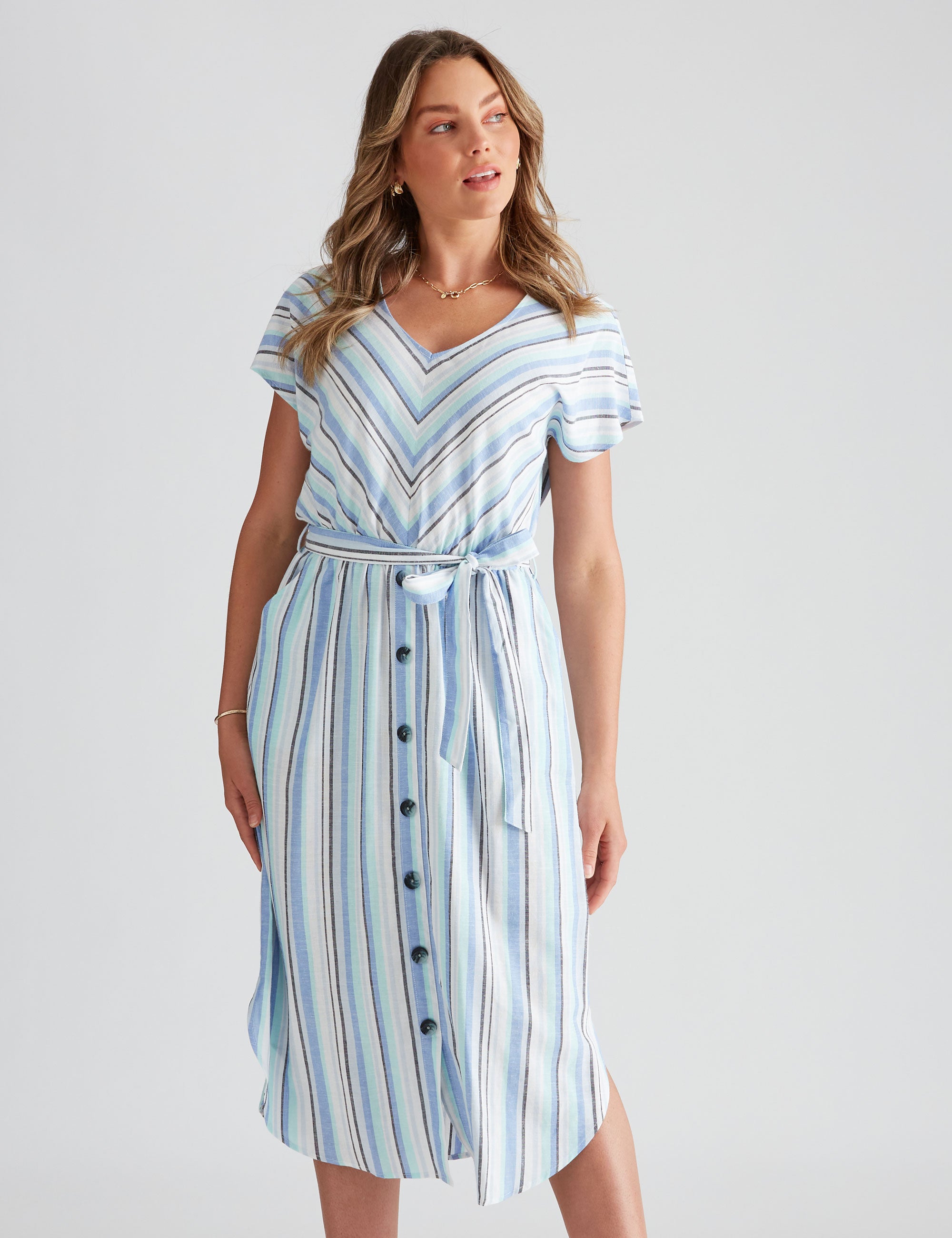 Rockmans Sleeveless Linen Stripe Dress | Crossroads