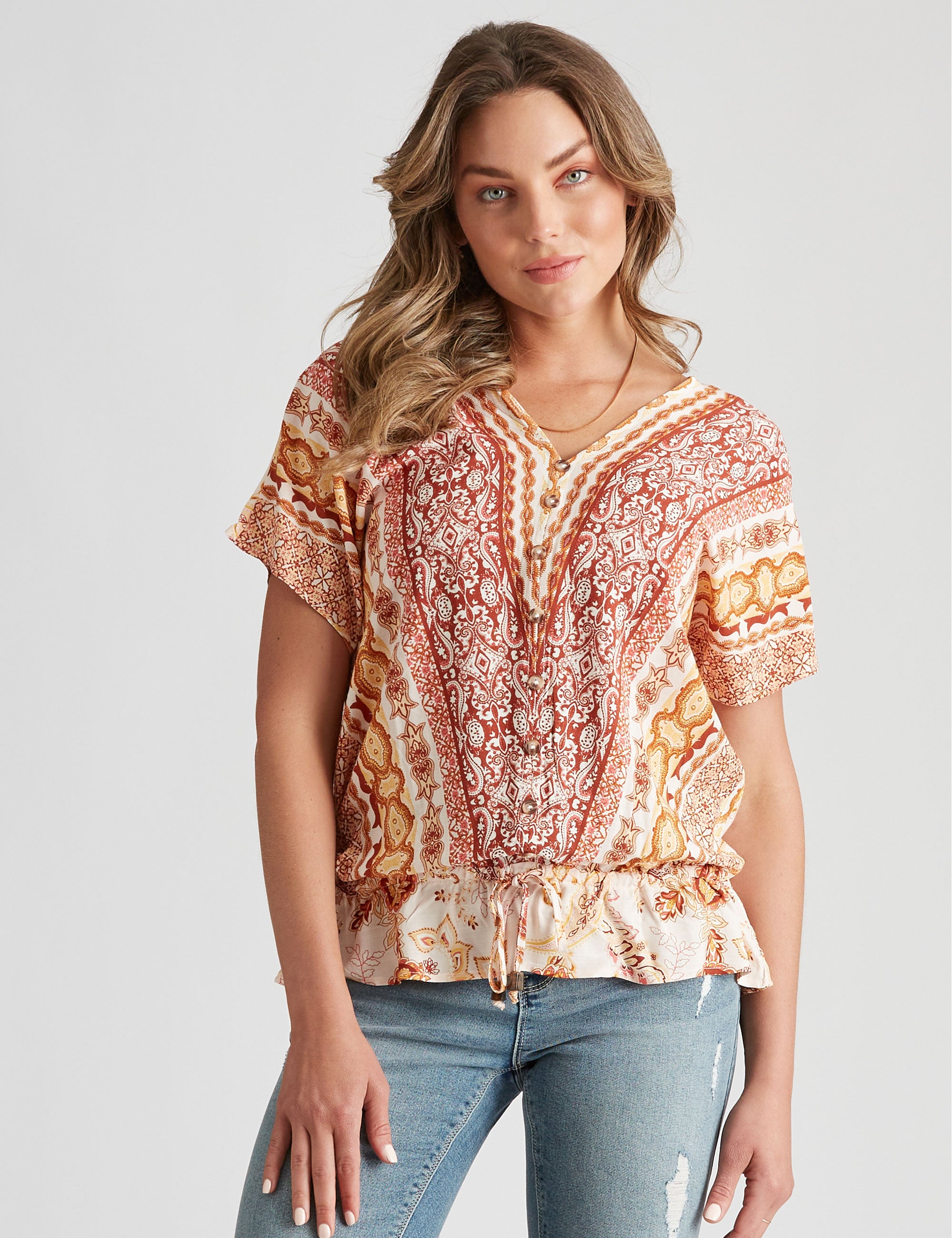 Rockmans Short Extended Sleeve Woven Peplum Top | Crossroads