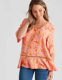 Rockmans Elbow Sleeve Woven Lace Detail Frill Top
