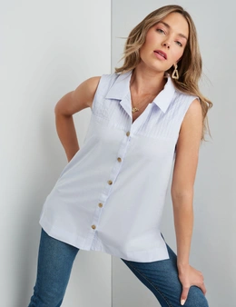 Rockmans Linen Pintuck Sleeveless Shirt 