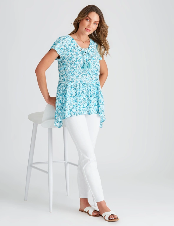Rockmans Elbow Sleeve Woven Lace Up Top, hi-res image number null