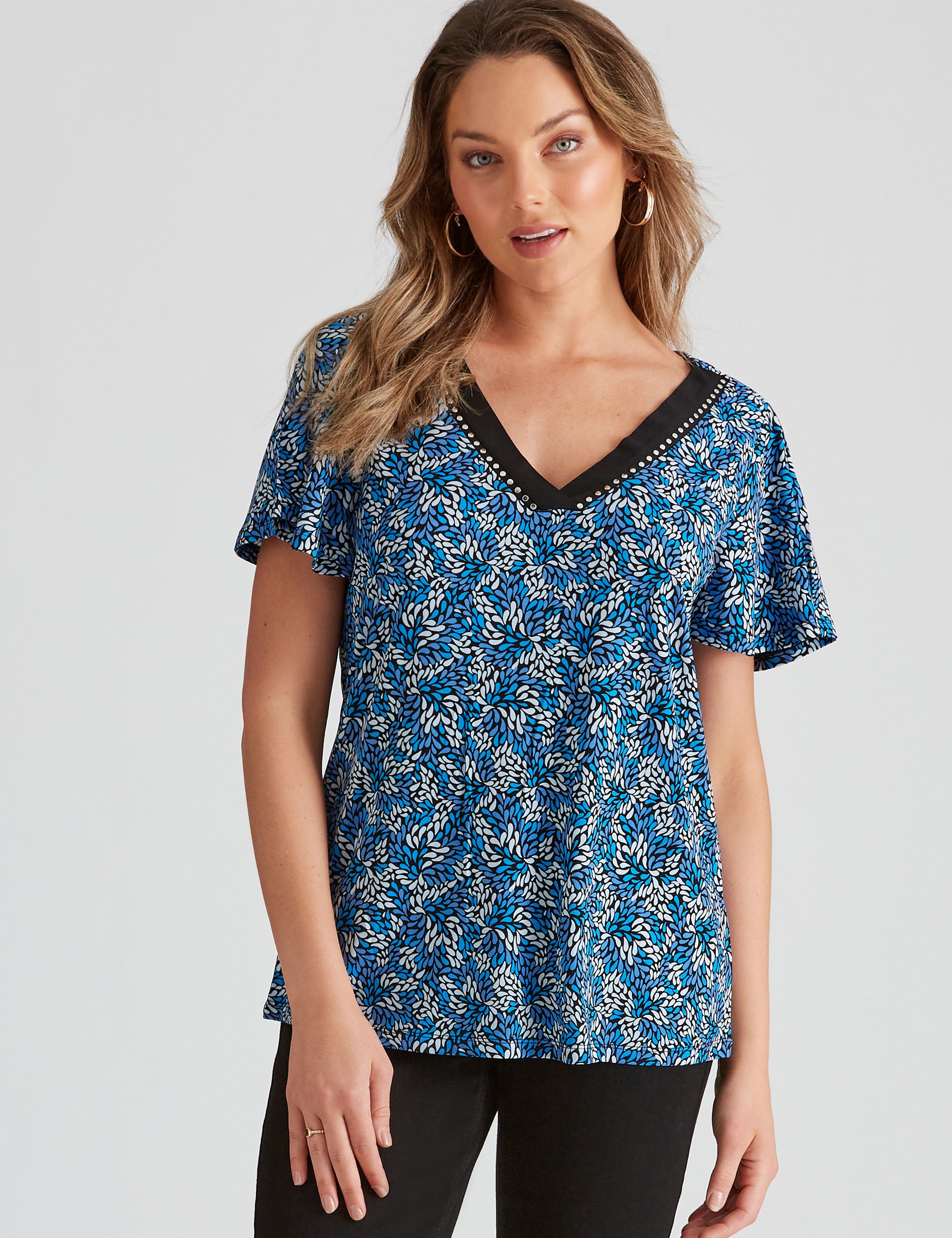 Rockmans Short Flutter Sleeve Embellished Top | Rockmans