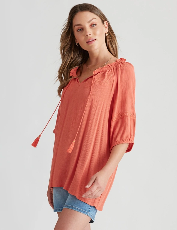 Rockmans Elbow Sleeve Woven Peasant Top, hi-res image number null