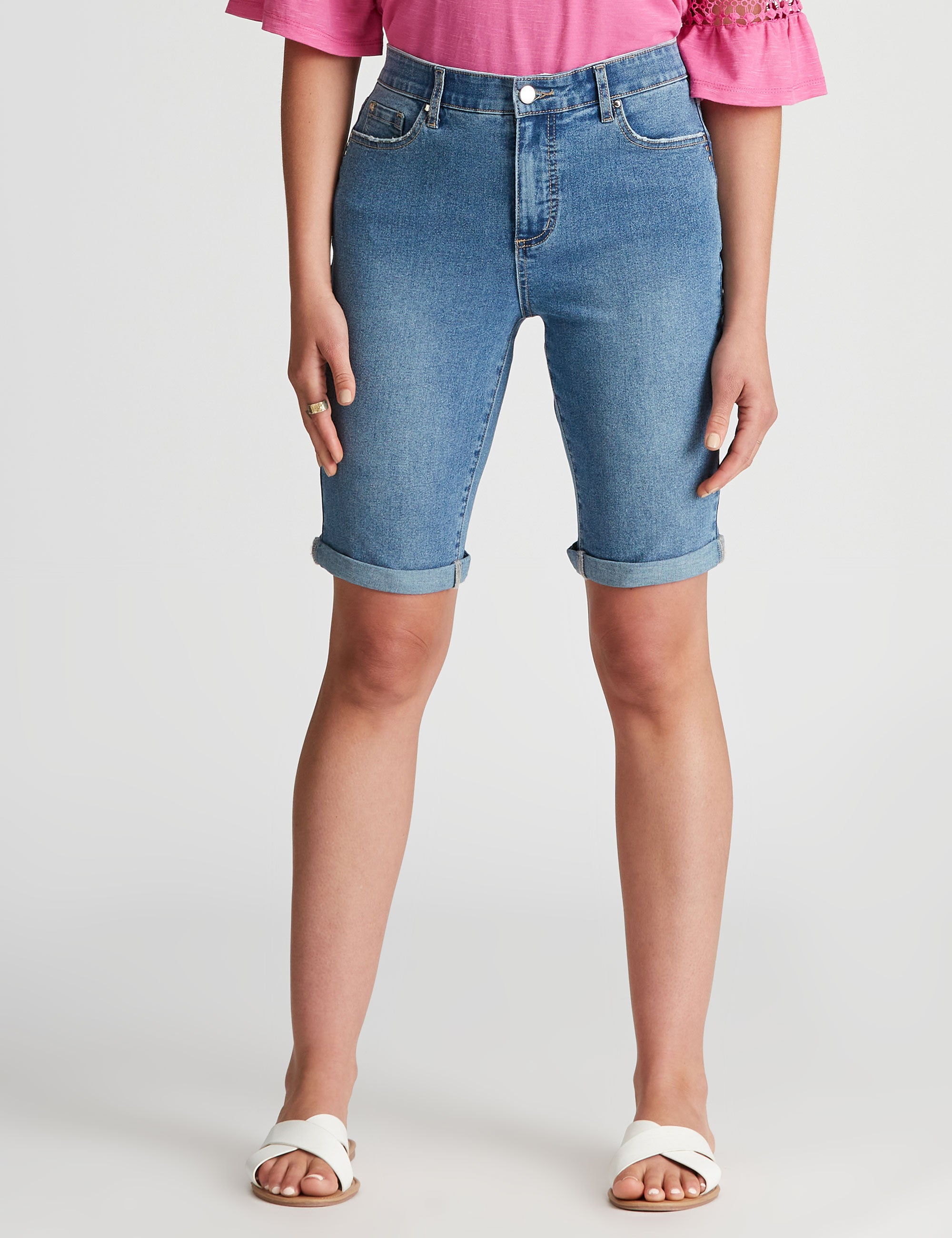 Rockmans Denim Knee Length Girlfriend Shorts | Rockmans