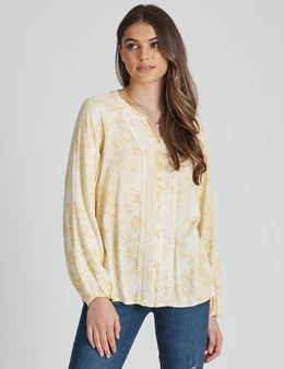 Rockmans 3/4 Sleeve Woven Lace Inset High Low Blouse