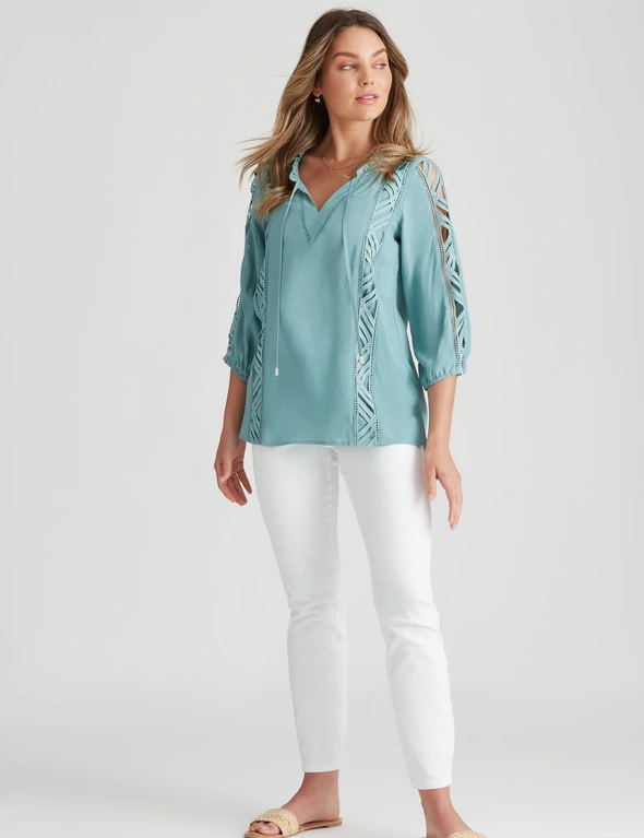Rockmans 3/4 Sleeve Woven Lace Detail Blouse, hi-res image number null
