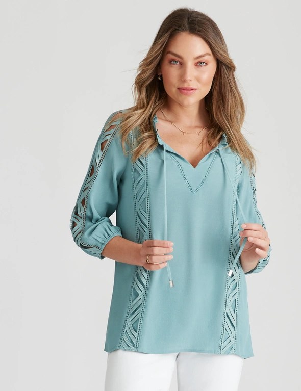 Rockmans 3/4 Sleeve Woven Lace Detail Blouse, hi-res image number null