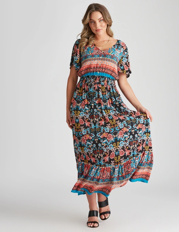Rockmans Maxi Length Woven Shirred Waist Dress | W Lane