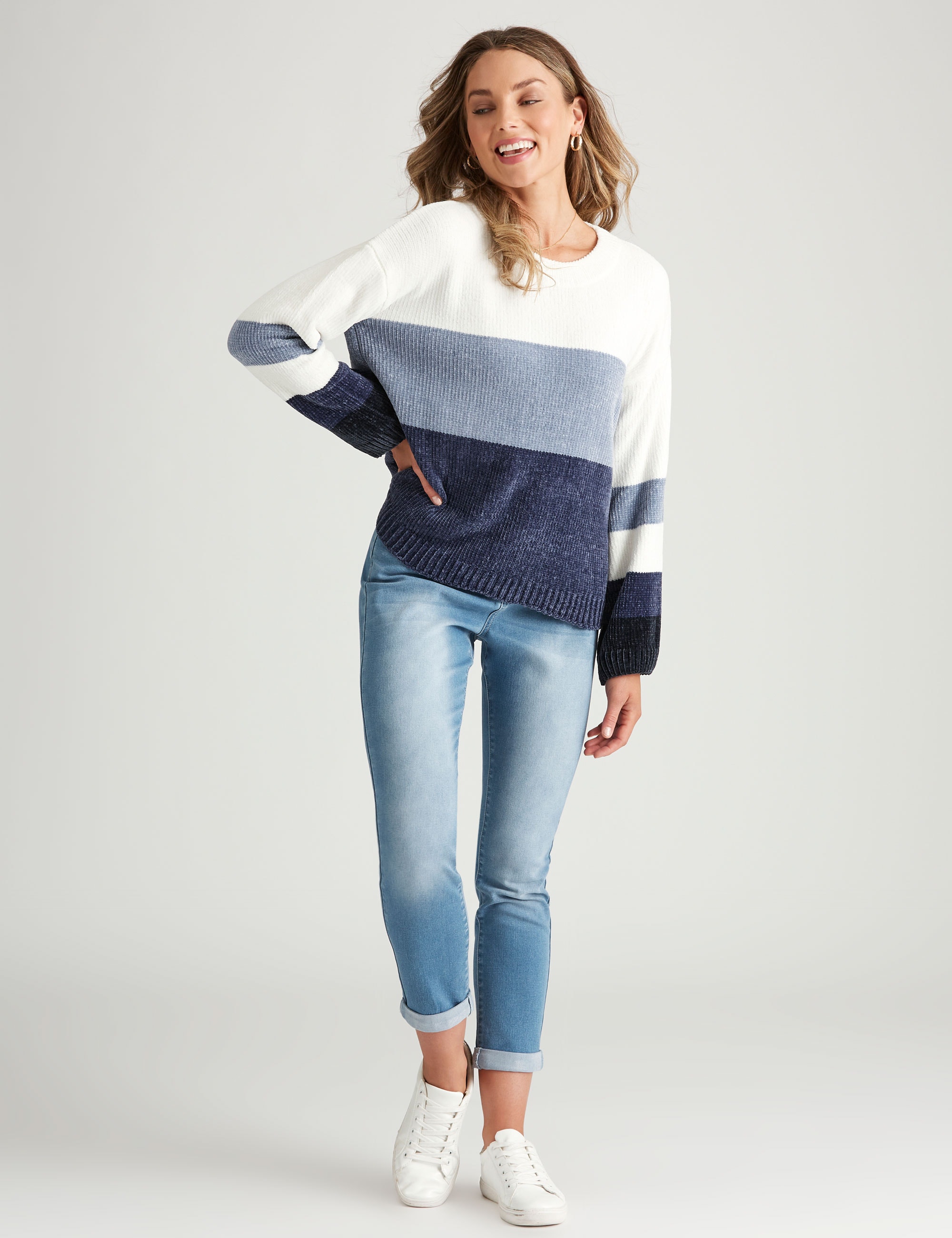 Rockmans Long Sleeve Colour Block Chenille Jumper Womens Clothing Jumpers