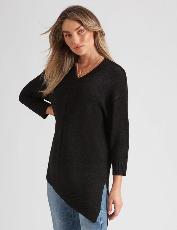 Rockmans Elbow Sleeve True Knitwear Asymmetric Zipped Top, hi-res image number null