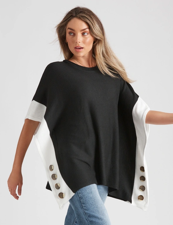 Rockmans Elbow Sleeve True Knitwear Poncho Buttons, hi-res image number null