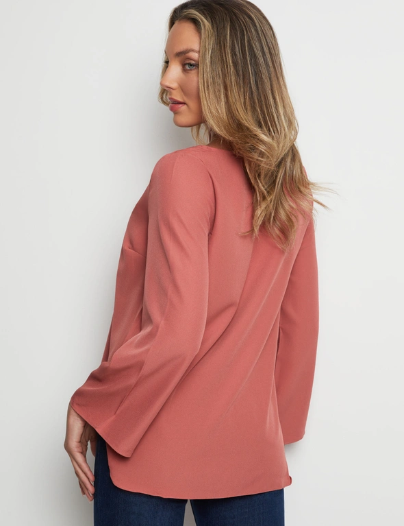 Rockmans Long Flared Sleeve Woven Pleat Front Top, hi-res image number null